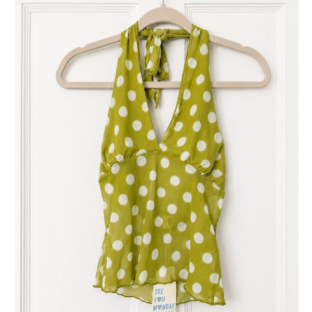 See You Monday Women’s Small Green White Polka Dot Sheer Mesh Halter Top Y2K NWT